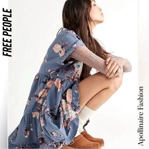 FREE PEOPLE HARPERS MINI DRESS CORDUROY IN BLUE FLORAL NEW - Picture 4 of 8
